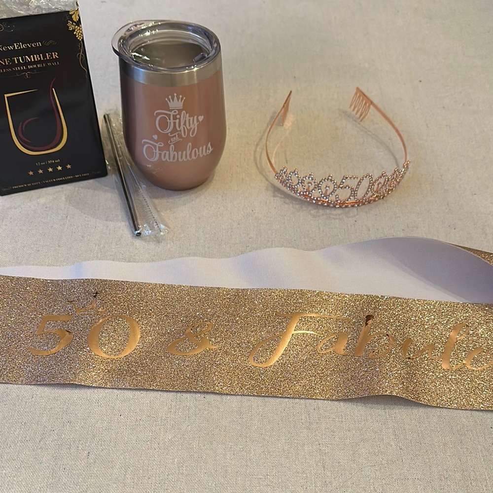 50th birthday Rose Gold Tumbler, sash and Tiara